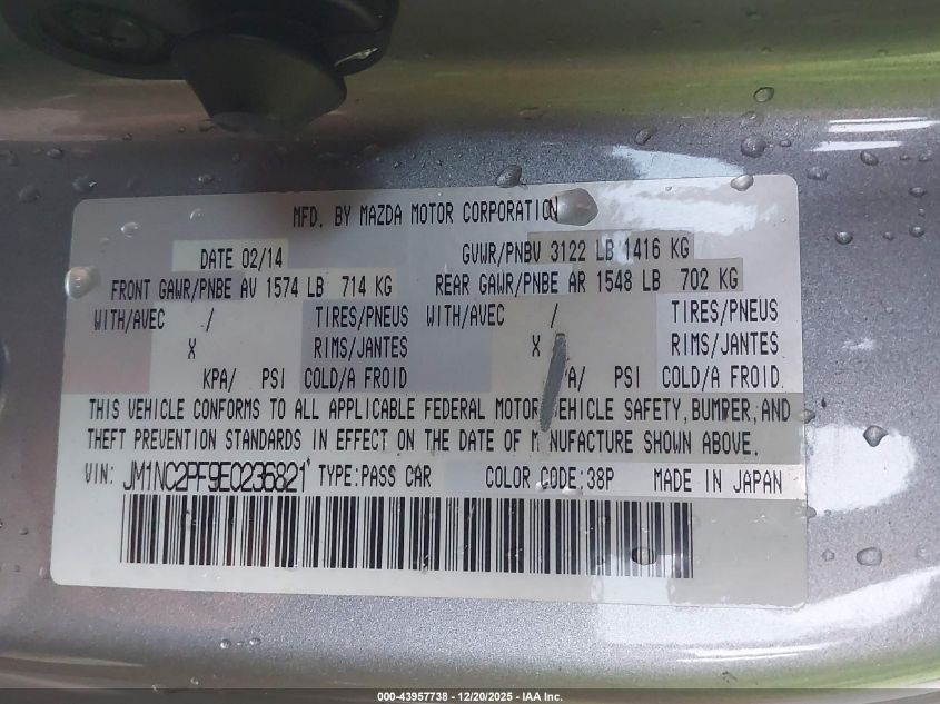 2014 Mazda Mx-5 Miata Grand Touring VIN: JM1NC2PF9E0236821 Lot: 43957738