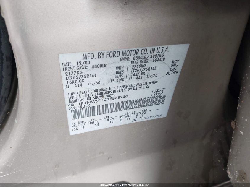 2001 Ford F-250 Lariat/Xl/Xlt VIN: 1FTNW21F31EB68920 Lot: 43957739