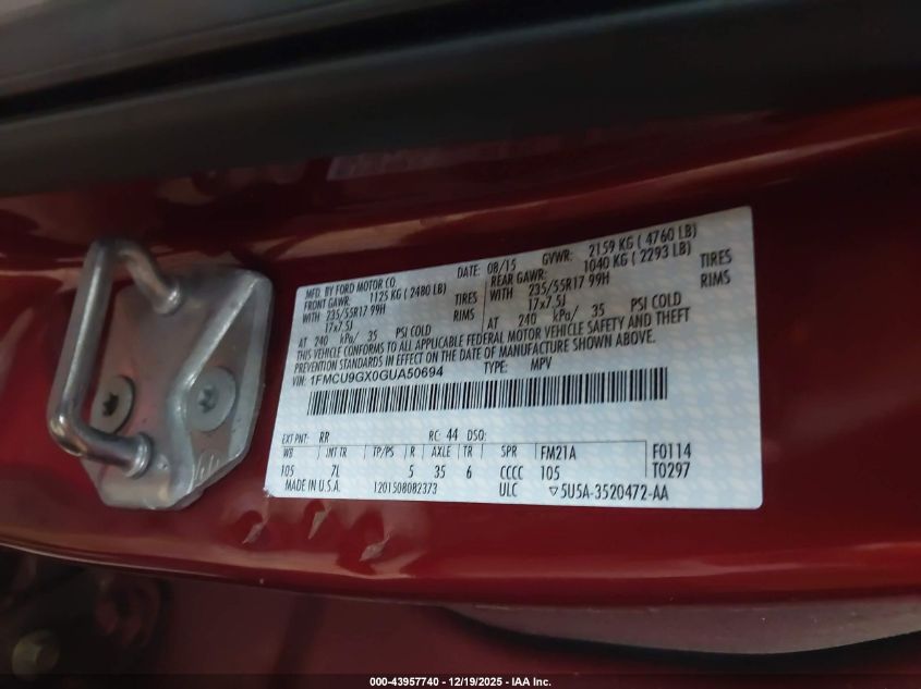 2016 Ford Escape Se VIN: 1FMCU9GX0GUA50694 Lot: 43957740