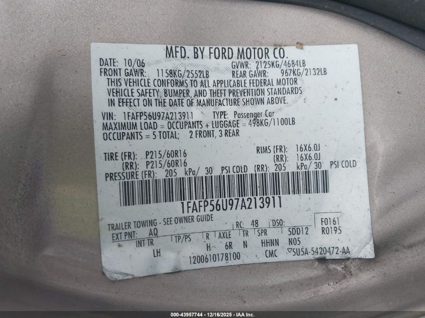 2007 Ford Taurus Sel VIN: 1FAFP56U97A213911 Lot: 43957744