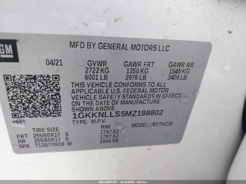 2021 GMC Acadia Awd At4 VIN: 1GKKNLLS5MZ198802 Lot: 43957747