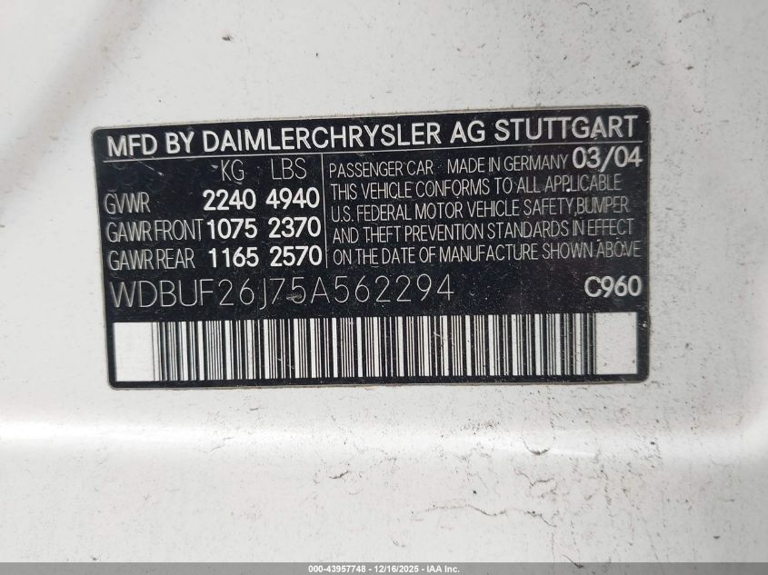 2005 Mercedes-Benz E 320 Cdi VIN: WDBUF26J75A562294 Lot: 43957748