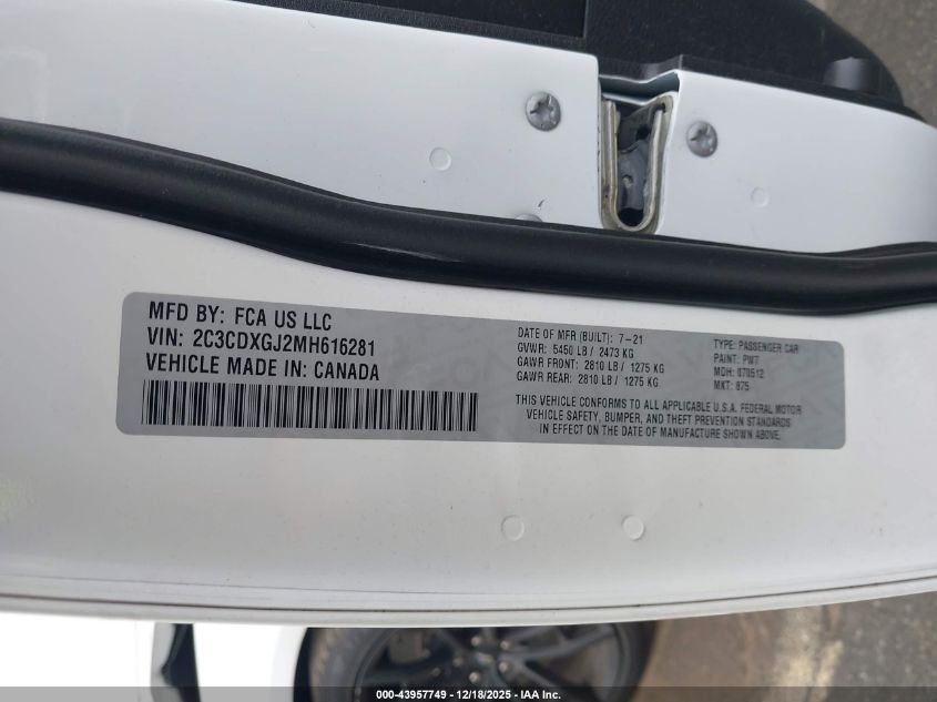 2021 Dodge Charger Scat Pack Rwd VIN: 2C3CDXGJ2MH616281 Lot: 43957749