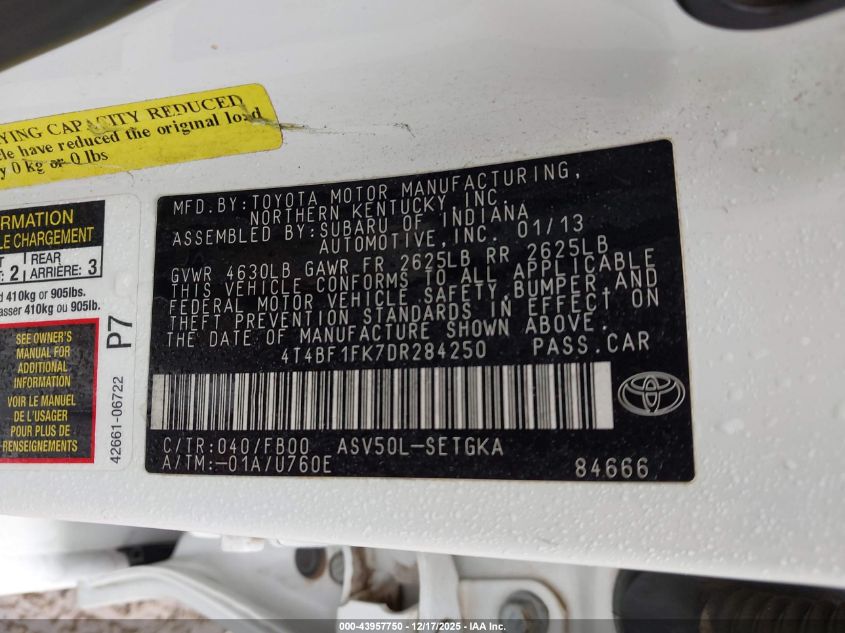 2013 Toyota Camry Xle VIN: 4T4BF1FK7DR284250 Lot: 43957750