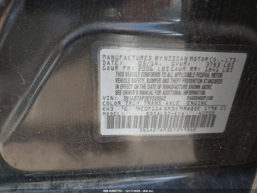 2014 Nissan Sentra Fe+ S/Fe+ Sv/S/Sl/Sr/Sv VIN: 3N1AB7AP3EY249542 Lot: 43957751