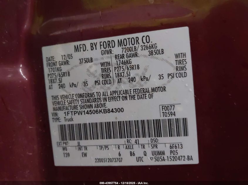 2006 Ford F-150 Fx4/Lariat/Xlt VIN: 1FTPW14506KB84300 Lot: 43957754