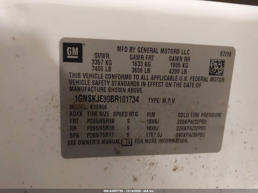 2011 Chevrolet Suburban 1500 Lt1 VIN: 1GNSKJE39BR101734 Lot: 43957755