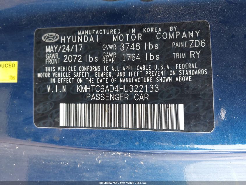 2017 Hyundai Veloster Value Edition VIN: KMHTC6AD4HU322133 Lot: 43957757