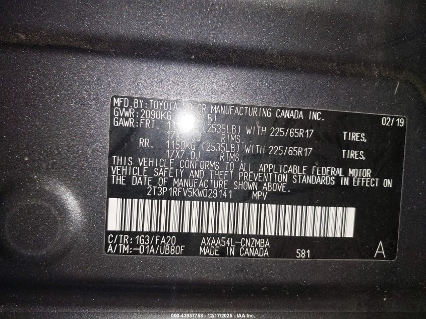 2019 Toyota Rav4 Xle VIN: 2T3P1RFV5KW029141 Lot: 43957758