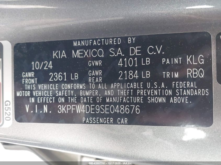 2025 Kia K4 Gt-Line VIN: 3KPFW4DE9SE048676 Lot: 43957761