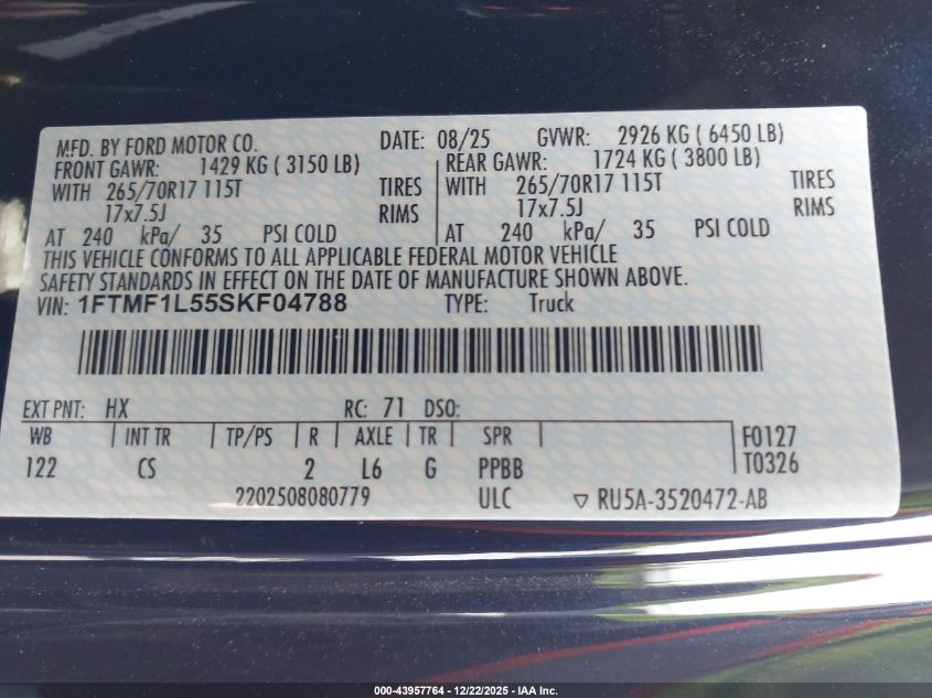 2025 Ford F-150 Xl VIN: 1FTMF1L55SKF04788 Lot: 43957764
