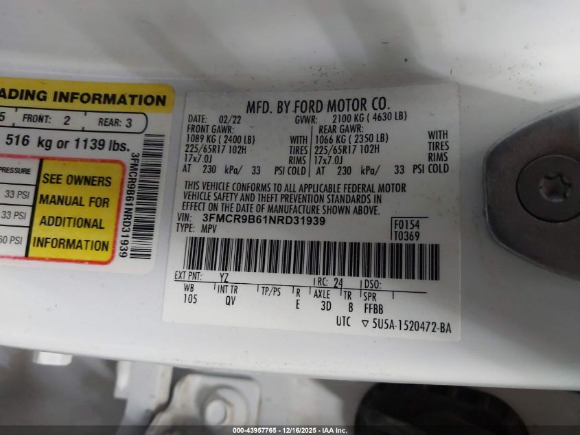 2022 Ford Bronco Sport Big Bend VIN: 3FMCR9B61NRD31939 Lot: 43957765