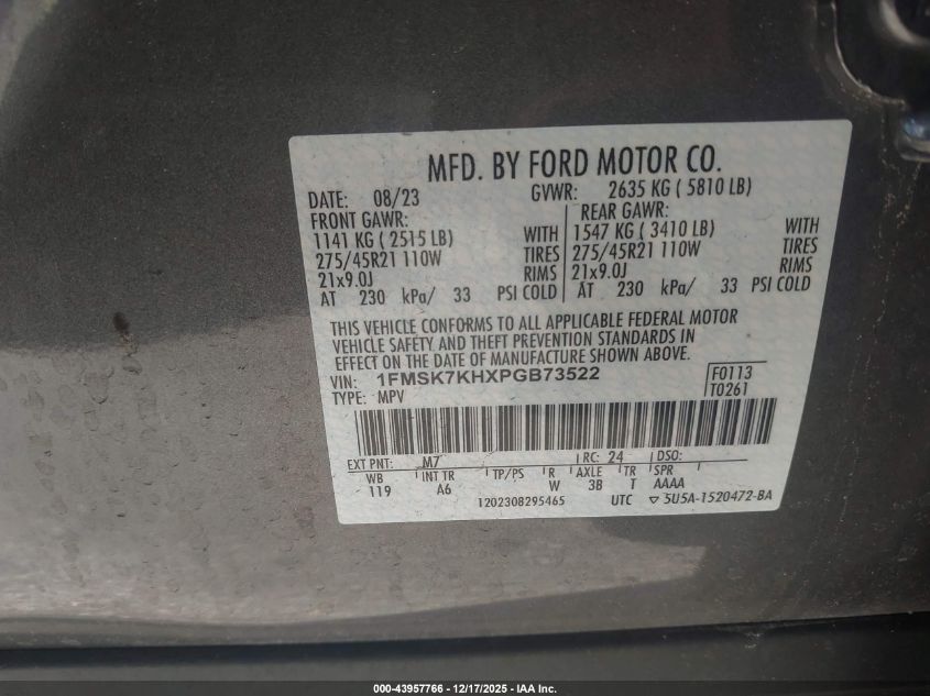 2023 Ford Explorer St-Line VIN: 1FMSK7KHXPGB73522 Lot: 43957766