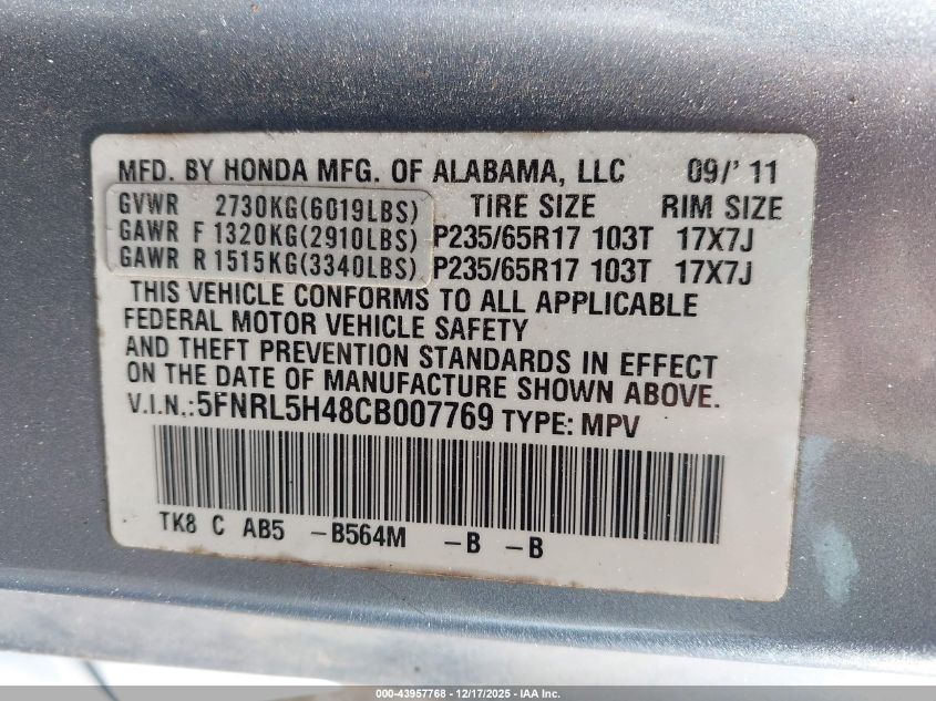 2012 Honda Odyssey Ex VIN: 5FNRL5H48CB007769 Lot: 43957768