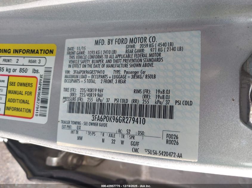 2016 Ford Fusion Titanium VIN: 3FA6P0K96GR279410 Lot: 43957770