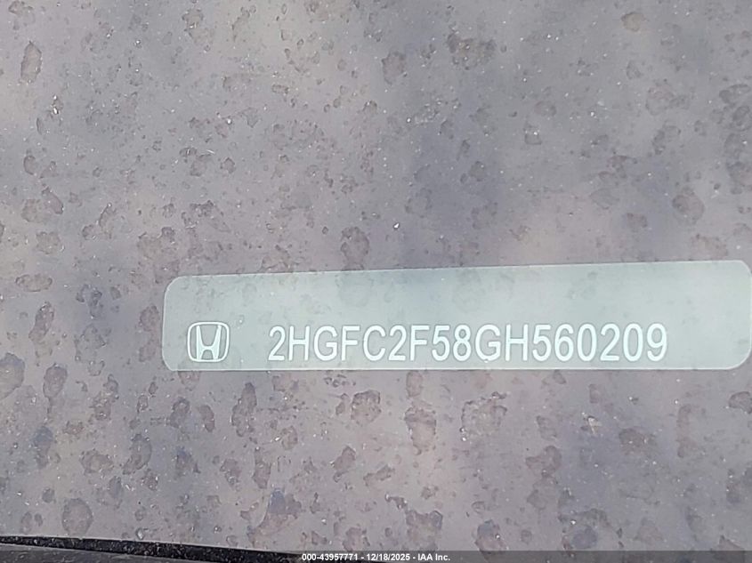 2016 Honda Civic Lx VIN: 2HGFC2F58GH560209 Lot: 43957771