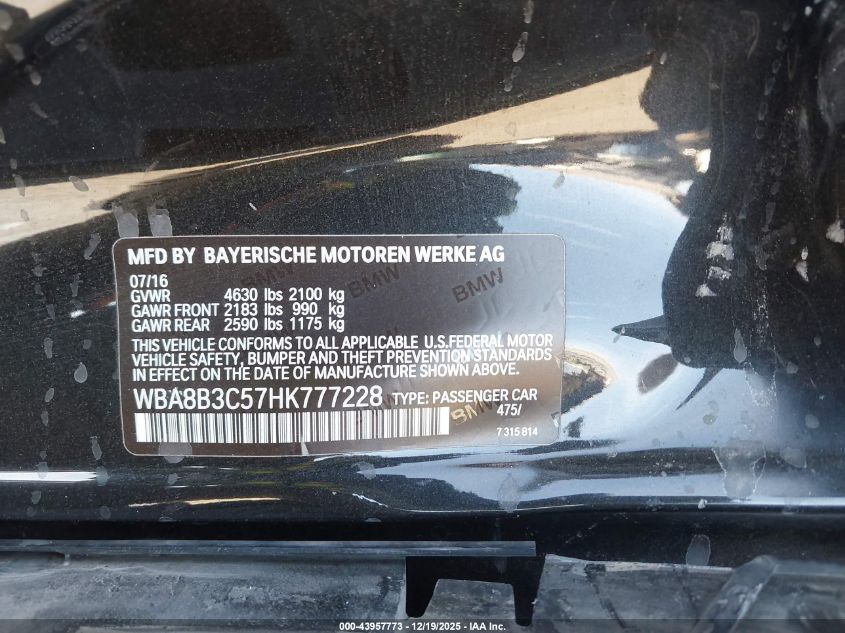 2017 BMW 340I VIN: WBA8B3C57HK777228 Lot: 43957773