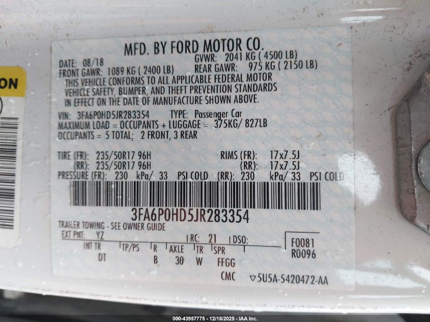 2018 Ford Fusion Se VIN: 3FA6P0HD5JR283354 Lot: 43957775