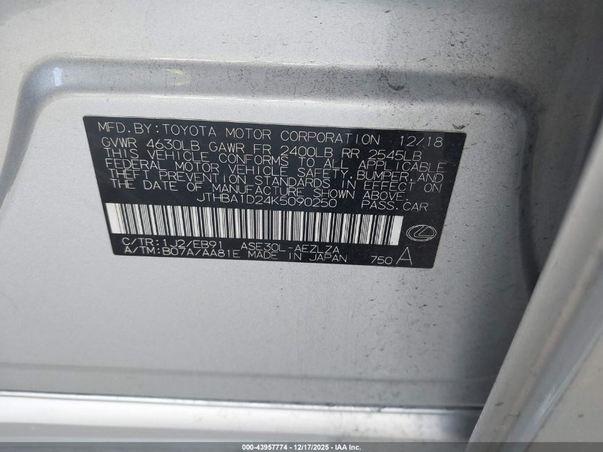 2019 Lexus Is 300 VIN: JTHBA1D24K5090250 Lot: 43957774