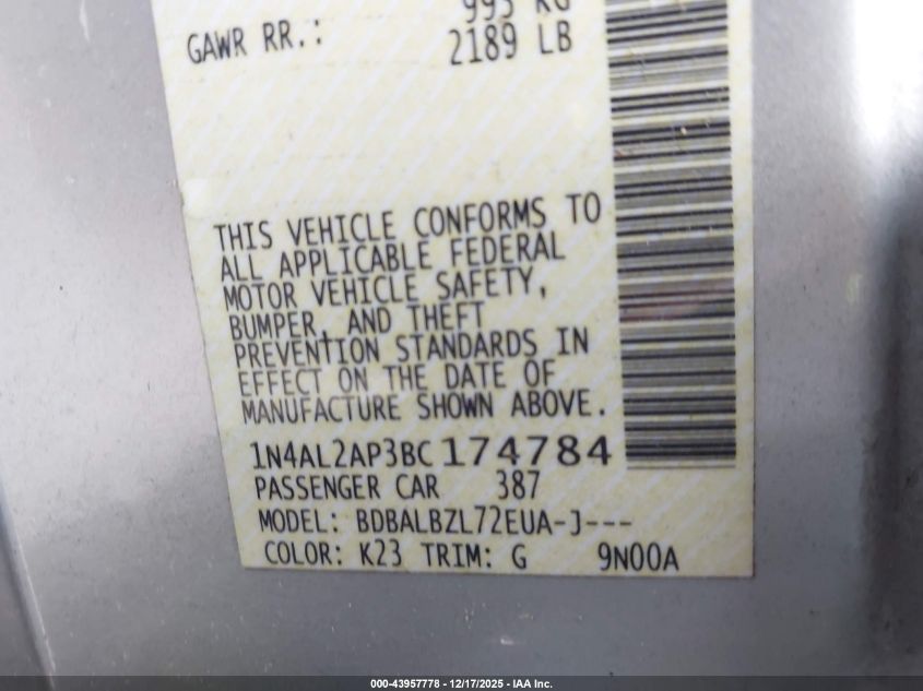 2011 Nissan Altima 2.5 S VIN: 1N4AL2AP3BC174784 Lot: 43957778