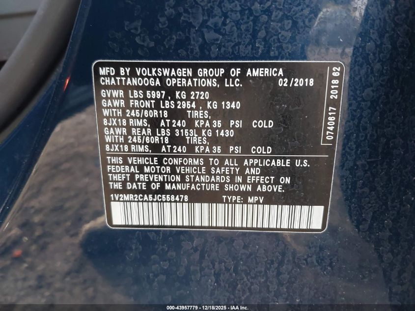 2018 Volkswagen Atlas 3.6L V6 Sel VIN: 1V2MR2CA5JC558478 Lot: 43957779
