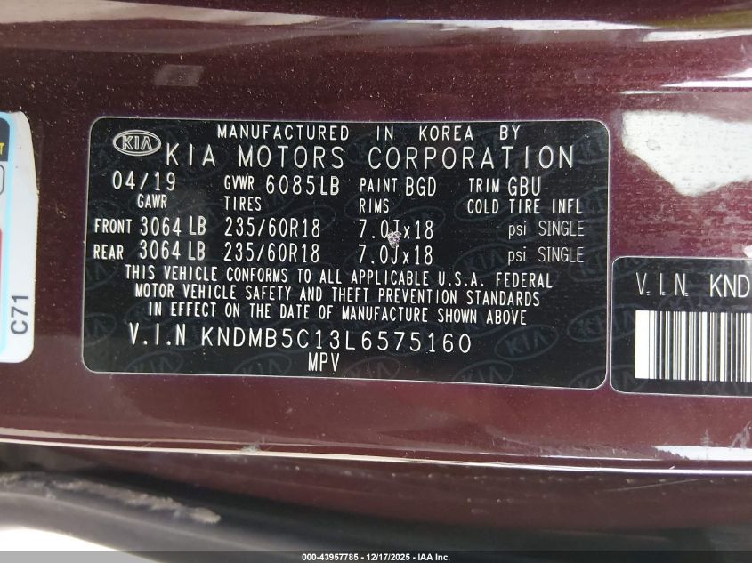 2020 Kia Sedona Ex VIN: KNDMB5C13L6575160 Lot: 43957785