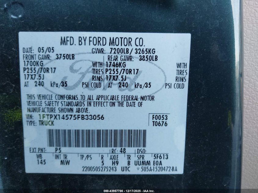 2005 Ford F-150 Fx4/Lariat/Xl/Xlt VIN: 1FTPX14575FB33056 Lot: 43957786