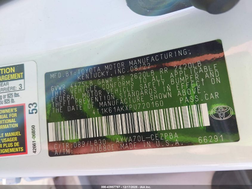 2023 Toyota Camry Xse VIN: 4T1K61AKXPU720160 Lot: 43957787