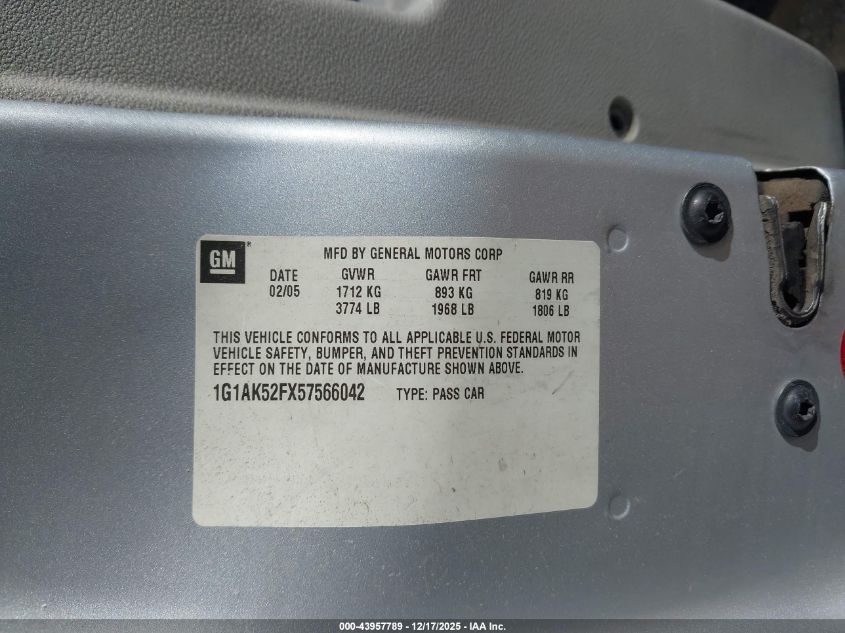 2005 Chevrolet Cobalt VIN: 1G1AK52FX57566042 Lot: 43957789