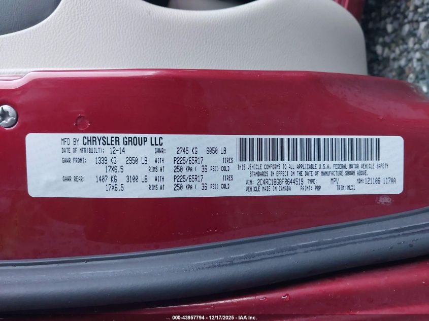 2015 Chrysler Town & Country Touring VIN: 2C4RC1BG8FR644519 Lot: 43957794