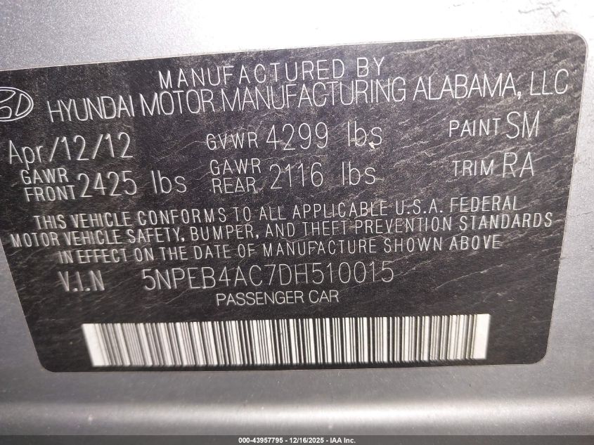 2013 Hyundai Sonata Gls VIN: 5NPEB4AC7DH510015 Lot: 43957795