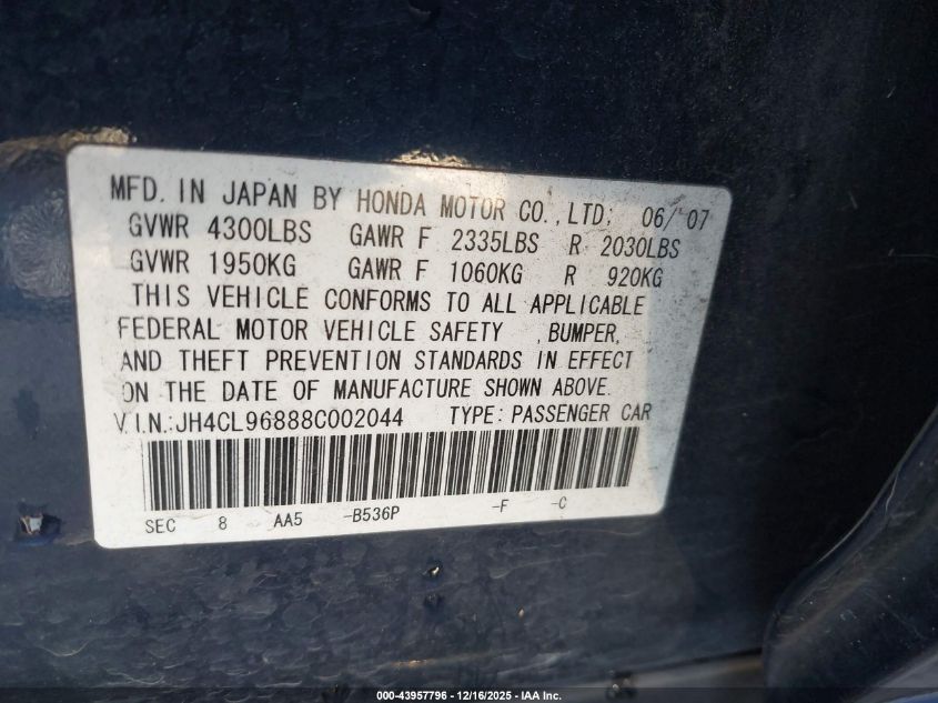 2008 Acura Tsx VIN: JH4CL96888C002044 Lot: 43957796