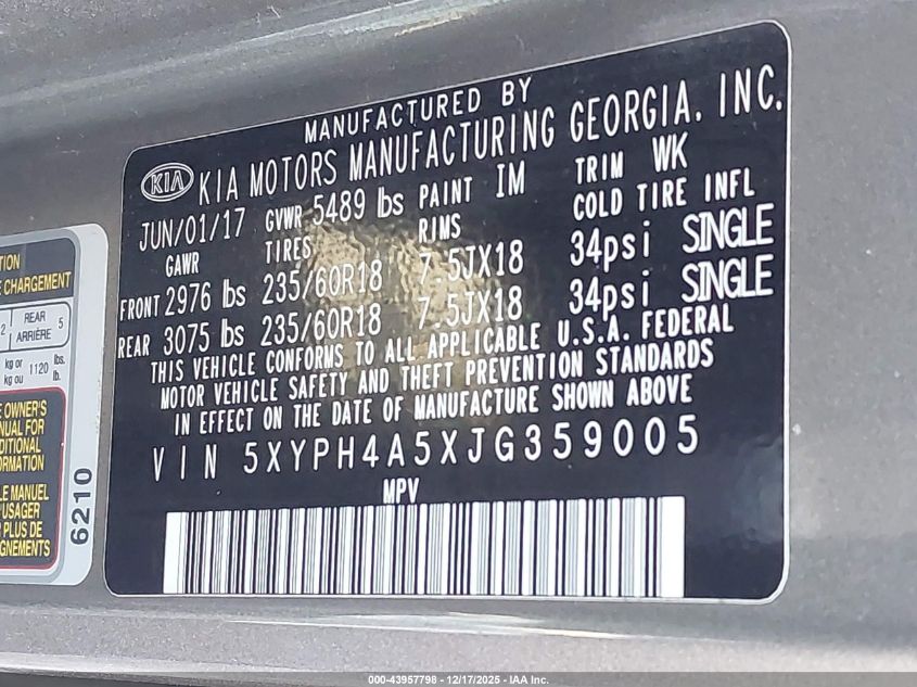2018 Kia Sorento 3.3L Ex VIN: 5XYPH4A5XJG359005 Lot: 43957798
