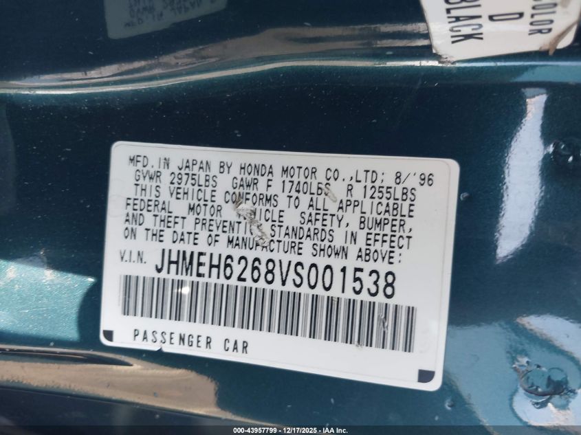1997 Honda Del Sol Si VIN: JHMEH6268VS001538 Lot: 43957799