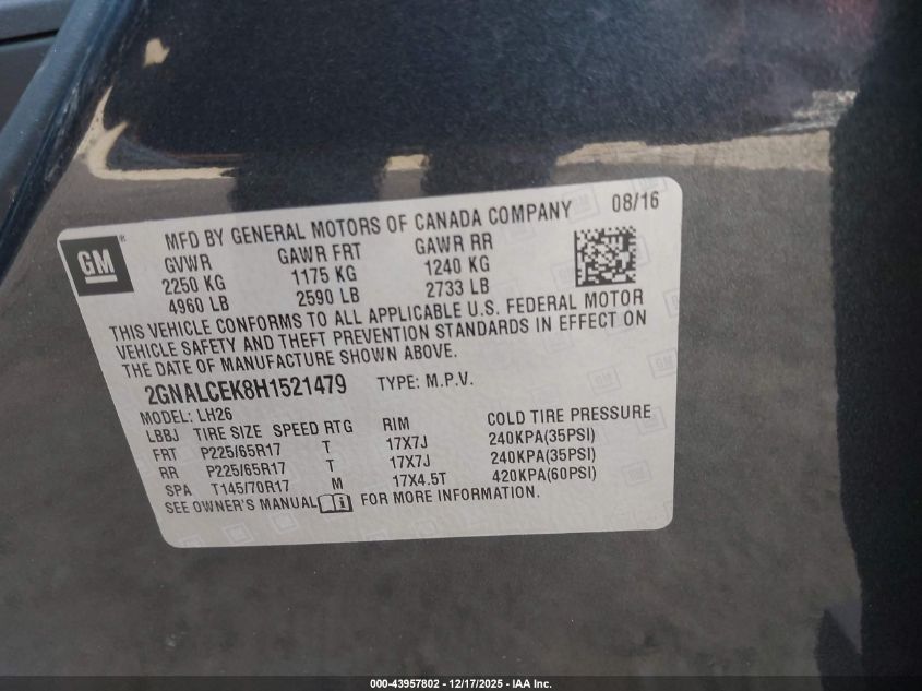 2017 Chevrolet Equinox Lt VIN: 2GNALCEK8H1521479 Lot: 43957802