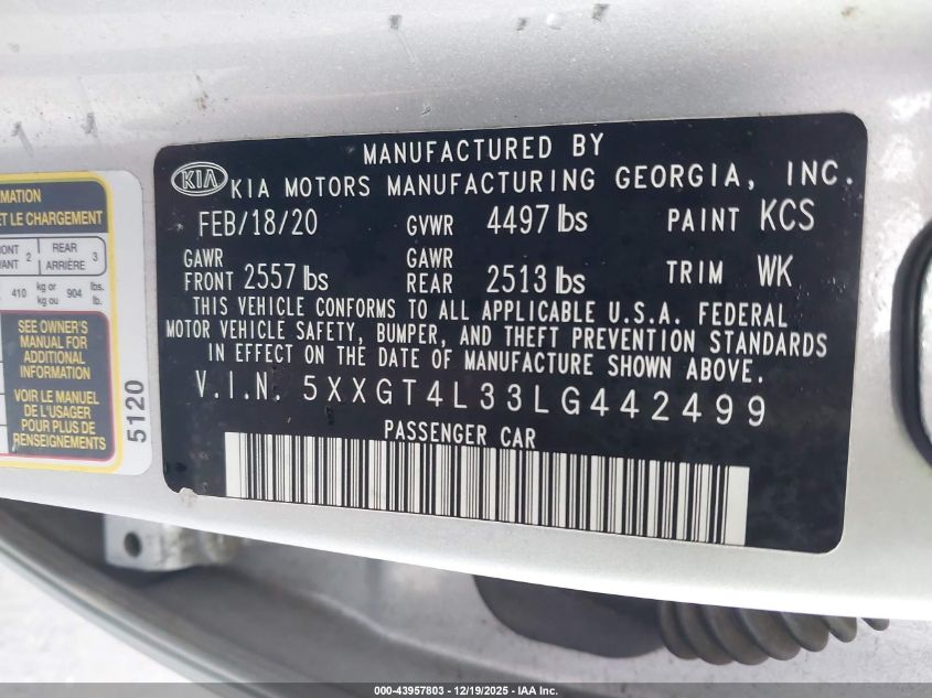 2020 Kia Optima Lx VIN: 5XXGT4L33LG442499 Lot: 43957803