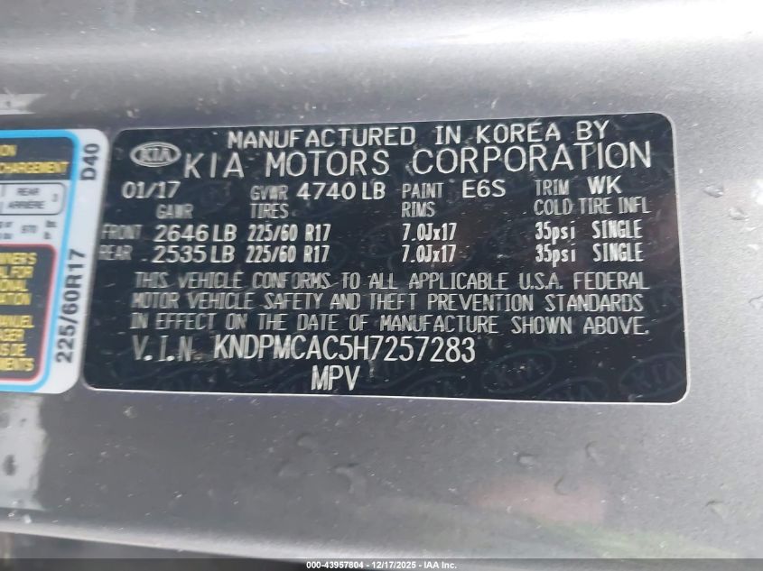 2017 Kia Sportage Lx VIN: KNDPMCAC5H7257283 Lot: 43957804