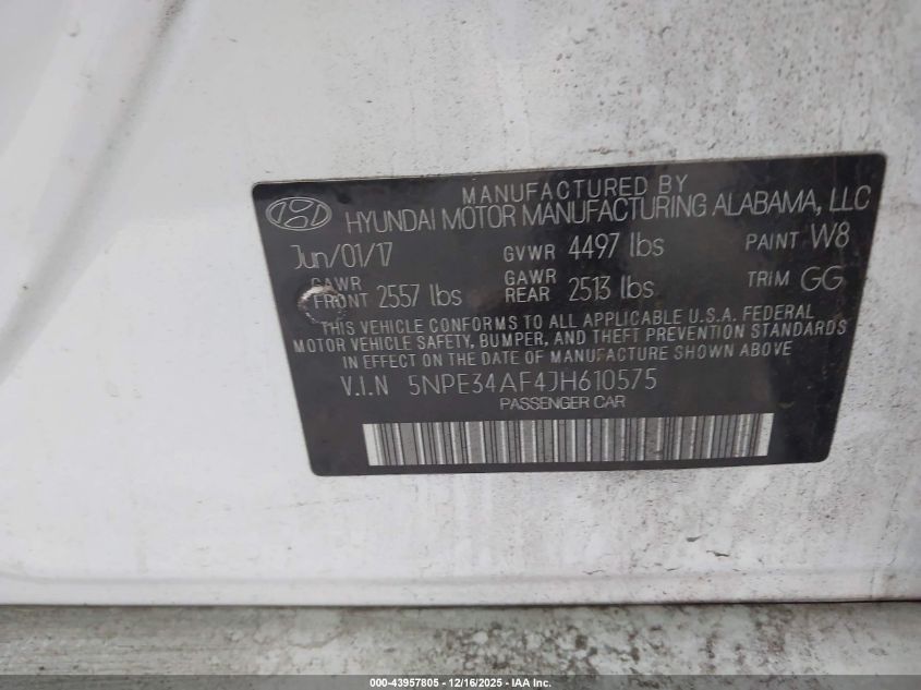 2018 Hyundai Sonata Sel VIN: 5NPE34AF4JH610575 Lot: 43957805