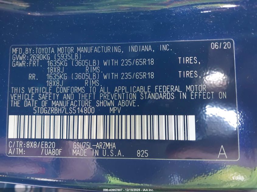 2020 Toyota Highlander Xle VIN: 5TDGZRBH7LS514800 Lot: 43957807