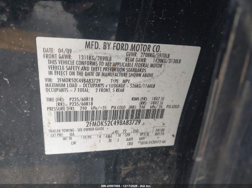 2009 Ford Flex Sel VIN: 2FMDK52C49BA83729 Lot: 43957808