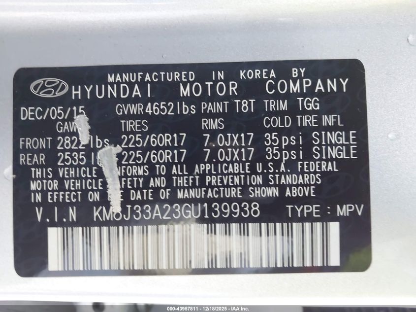 2016 Hyundai Tucson Eco VIN: KM8J33A23GU139938 Lot: 43957811