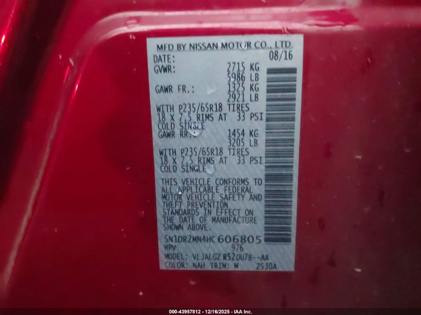 2017 Nissan Pathfinder Sl VIN: 5N1DR2MN4HC606805 Lot: 43957812