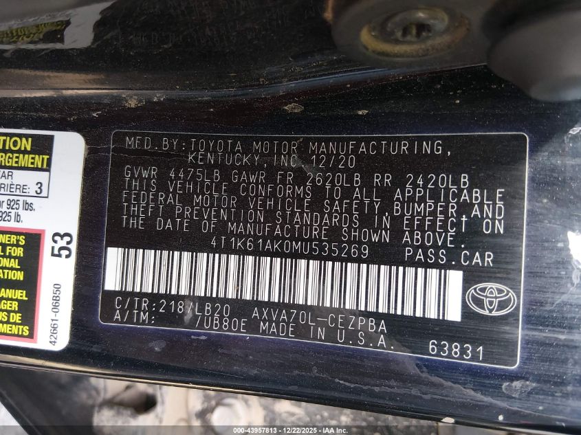 2021 Toyota Camry Xse VIN: 4T1K61AK0MU535269 Lot: 43957813