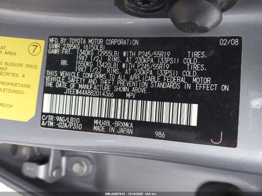 2008 Toyota Highlander Hybrid Limited VIN: JTEEW44A882014366 Lot: 43957819