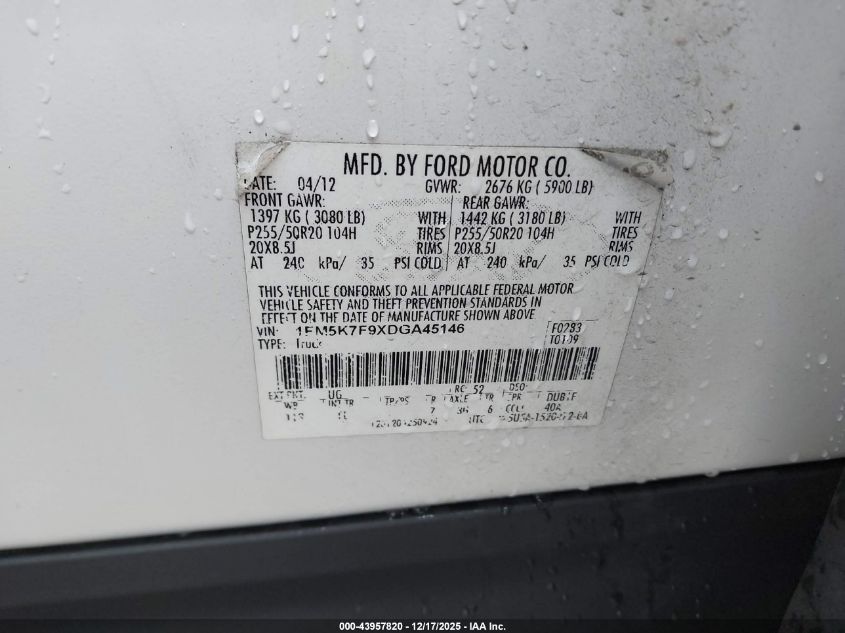 2013 Ford Explorer Limited VIN: 1FM5K7F9XDGA45146 Lot: 43957820