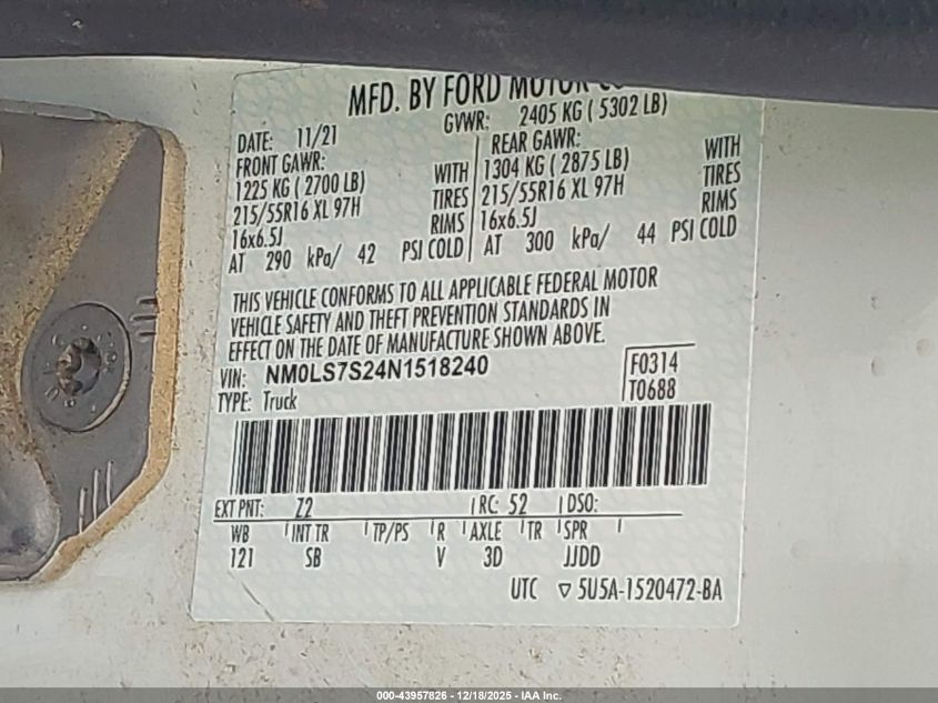 2022 Ford Transit Connect Xl VIN: NM0LS7S24N1518240 Lot: 43957826