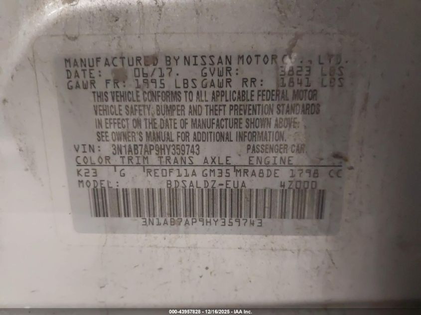 2017 Nissan Sentra Sv VIN: 3N1AB7AP9HY359743 Lot: 43957828