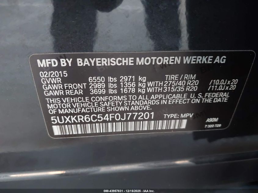 2015 BMW X5 xDrive50I VIN: 5UXKR6C54F0J77201 Lot: 43957831