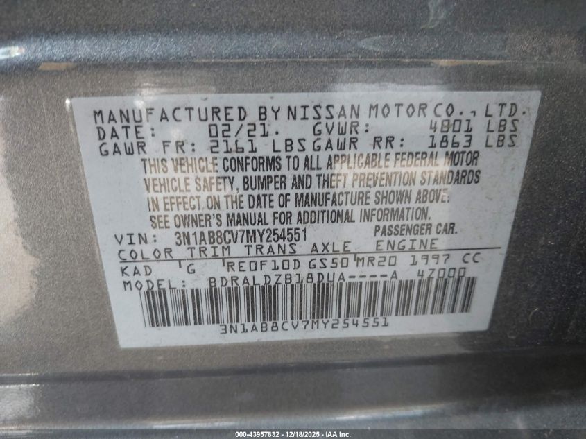 2021 Nissan Sentra Sv Xtronic Cvt VIN: 3N1AB8CV7MY254551 Lot: 43957832