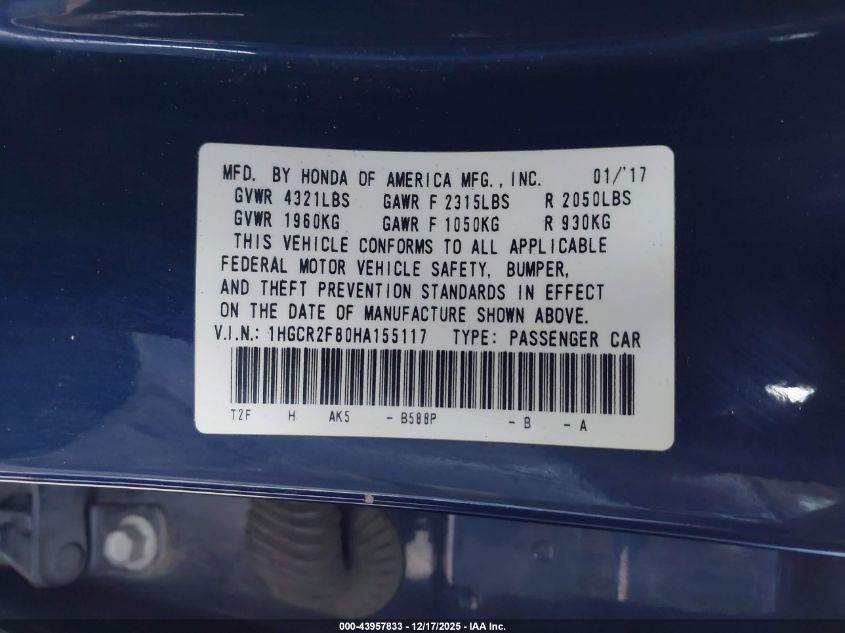 2017 Honda Accord Ex-L VIN: 1HGCR2F80HA155117 Lot: 43957833